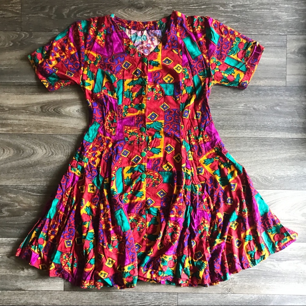 90s Vintage Vibrant Mosaic Sun Dress